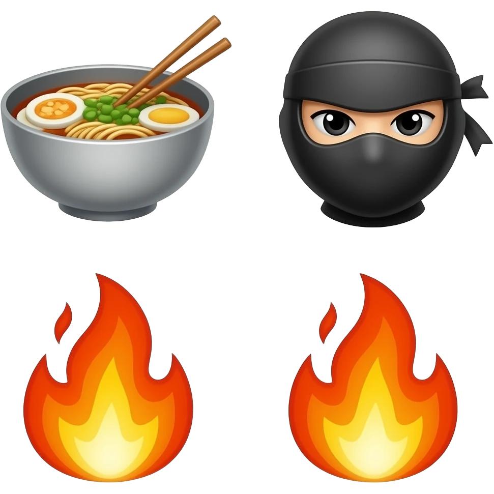 3D anime icons of ramen bowl with chopsticks, ninja fist punch, fire flames, separated icons, evenly spaced, no overlap, grid layout, each icon isolated, vibrant colors, soft lighting, glossy material, centered composition, clean background, consistent style, high quality, 4K emoji