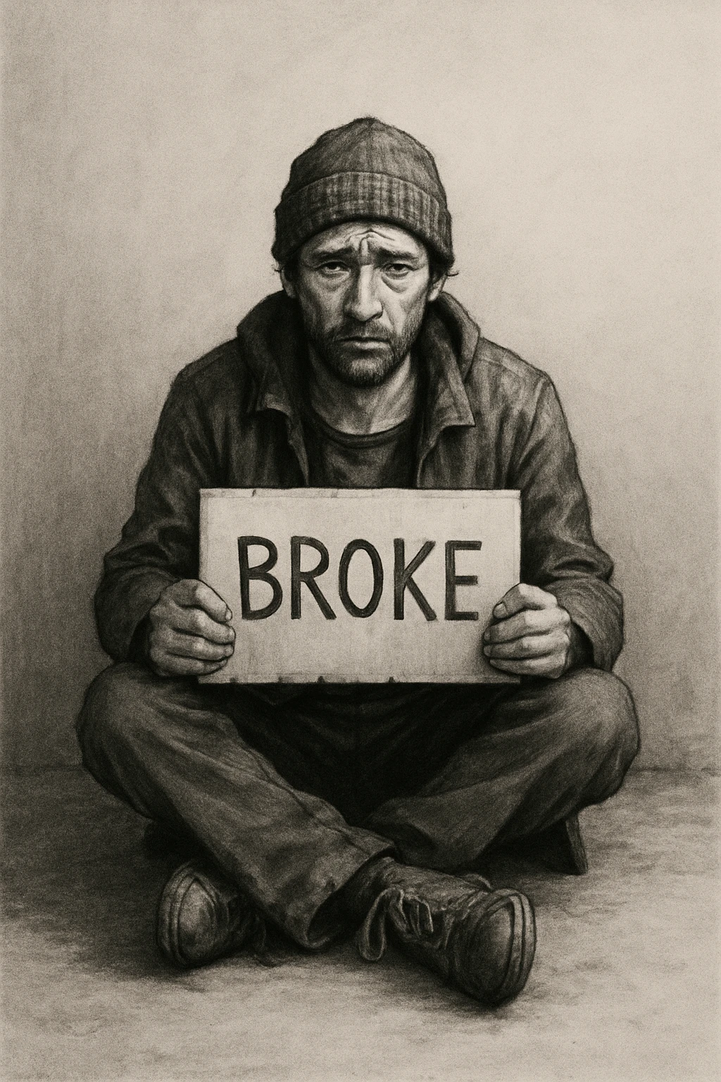 a broke man, sitting on the ground, holding a sign, simple background emoji
