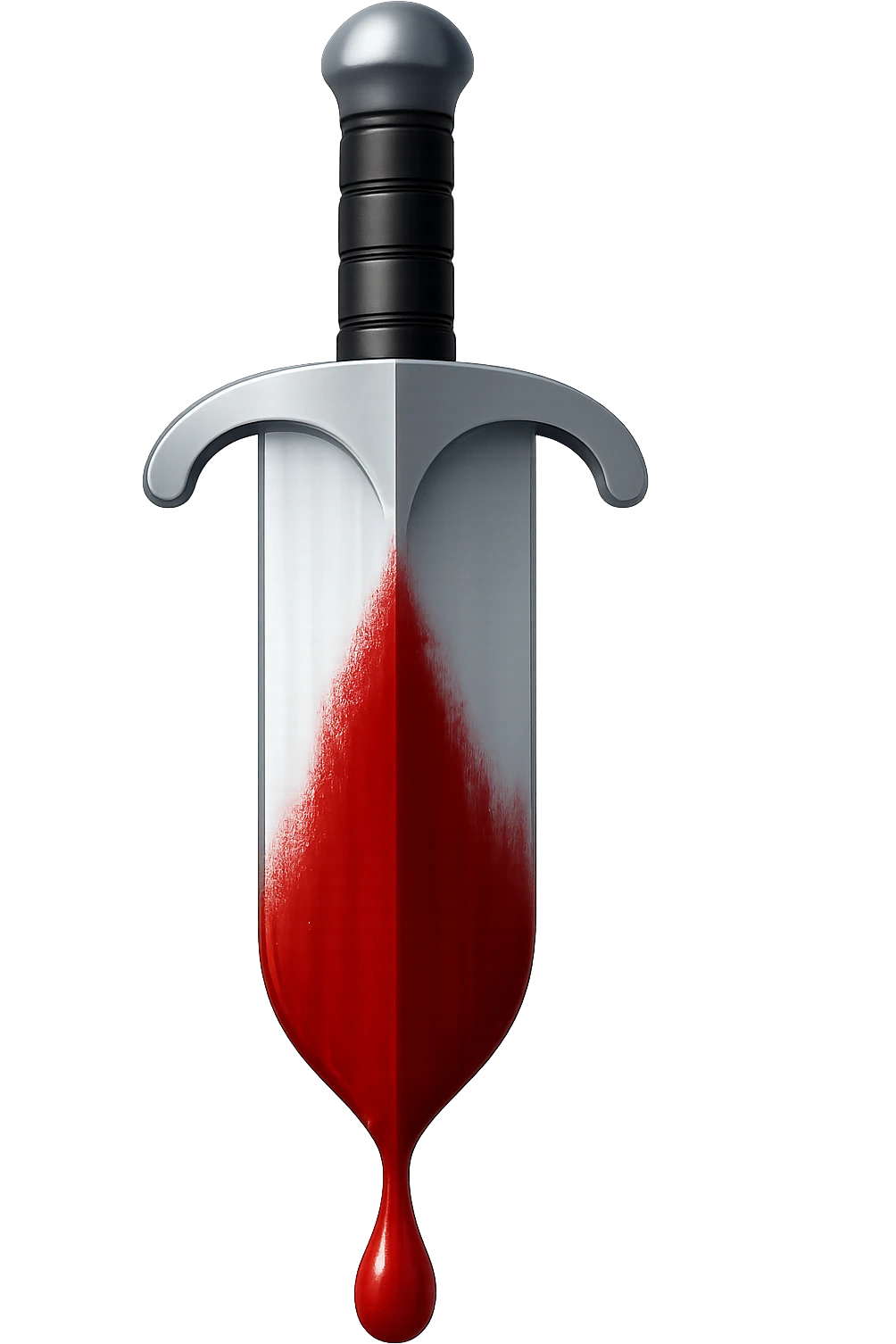 Make the sword blade 50% wider while keeping all other proportions and details the same. The blood should cover the entire bottom half of the blade, appearing wet and realistic. Keep the sword perfectly vertical with a steel finish. Render in emoji style with a transparent background. emoji