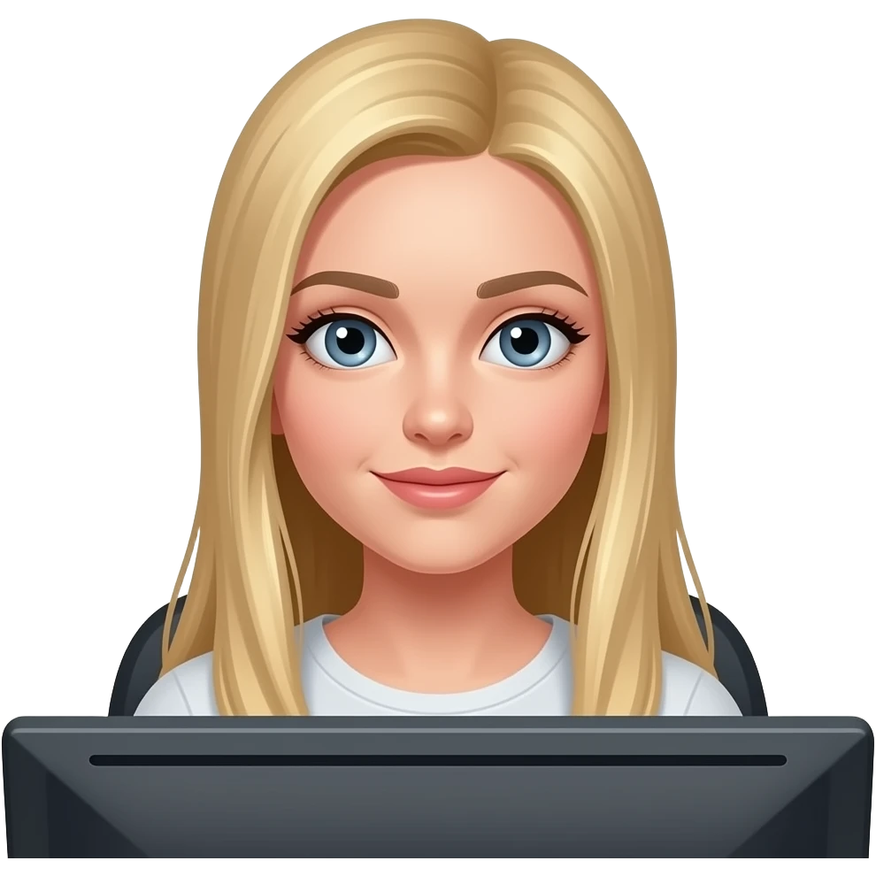 young woman with long straight blonde hair and grey blue slate eyes with a computer emoji