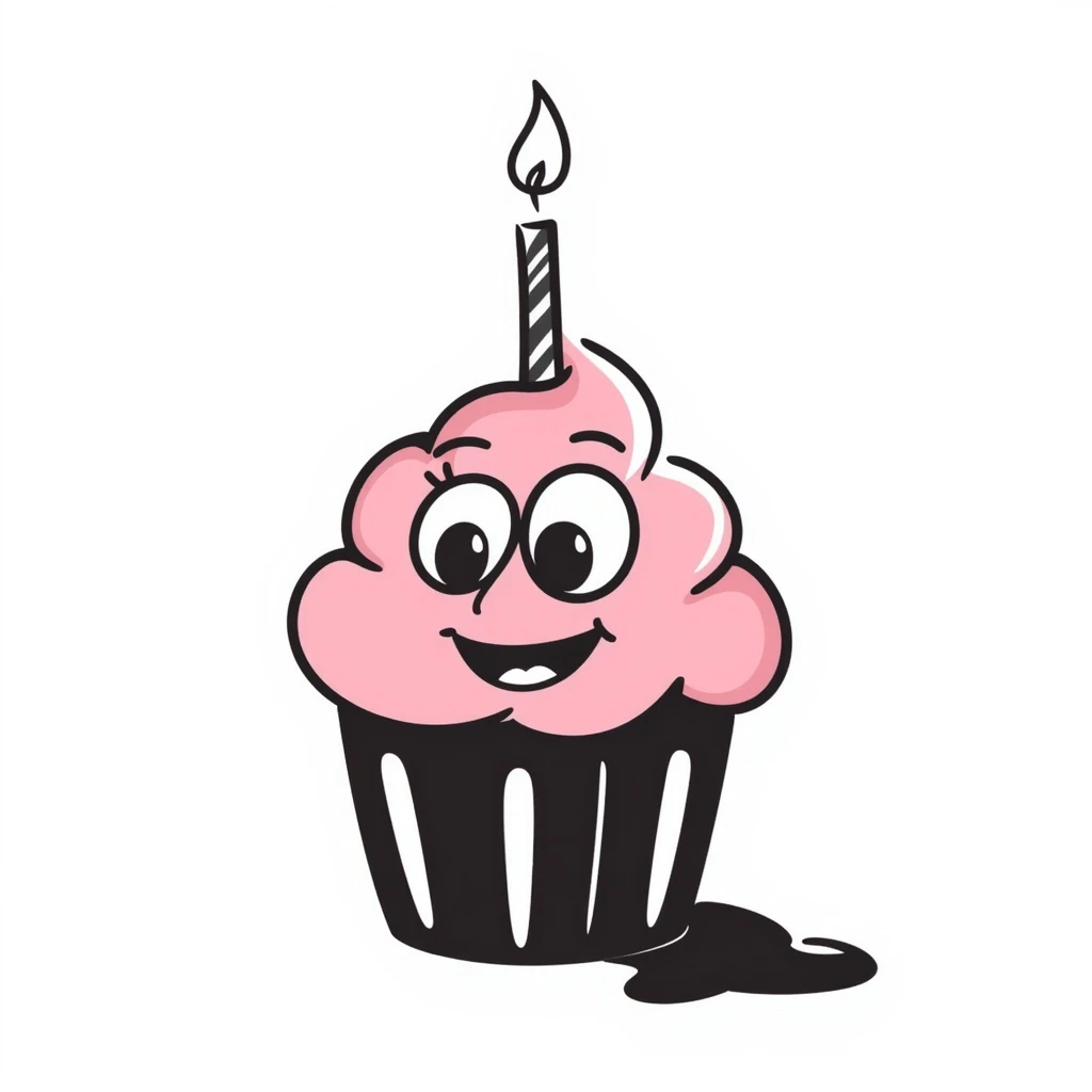 A cupcake with pink frosting, big eyes, two teeth, and a lit candle on top emoji