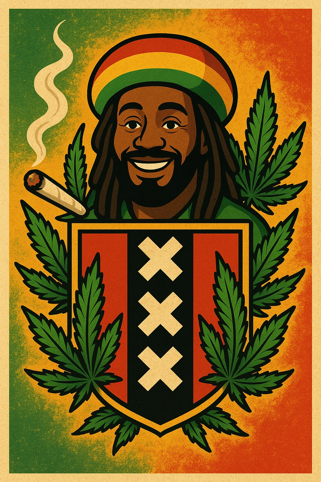 Create a digital illustration of a Rasta man with a friendly expression, wearing a red, gold, and green tam (Rastafarian hat), with dark brown skin and dreadlocks. Place him inside a bold, stylized Amsterdam coat of arms flag. The flag should have red, black, and gold tones with three white Xs in a vertical black stripe in the center. Surround the coat of arms with vibrant green cannabis leaves, a smoking spliff with rising smoke on the left side, and a textured reggae-colored background blending green, gold, and red. The style should be vintage, bold, and clean — like a high-quality reggae poster with modern emoji art flair. emoji