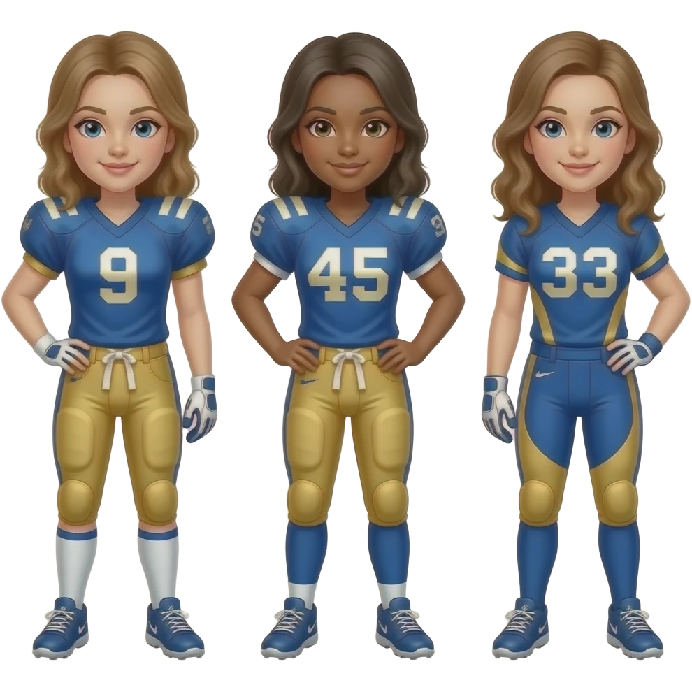 Girls flag football players wearing Blue and gold with #9, #45, #33 emoji