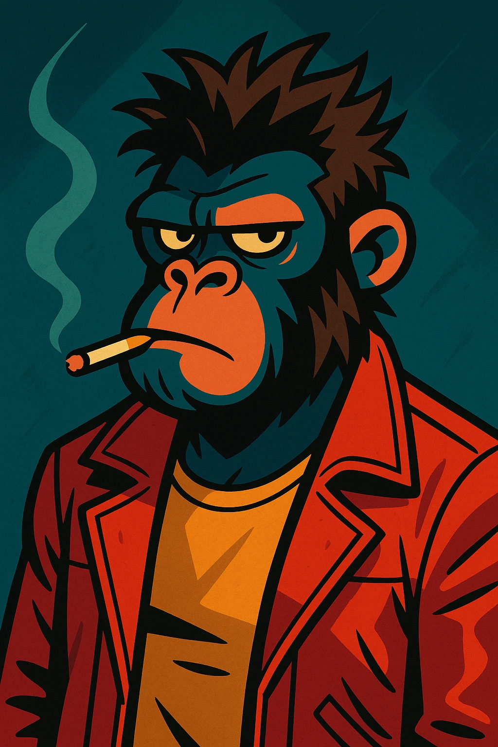 A gorilla dressed as Tyler Durden, with a cigarette, tousled hair, and a punk-inspired red leather jacket, in a moody, cinematic style. emoji
