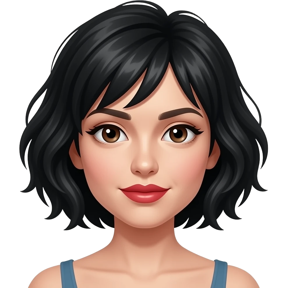 White chick with dark brown eyes with a black short tousled haircut with extremely and incredibly thin wafer-like lips with red lipstick emoji