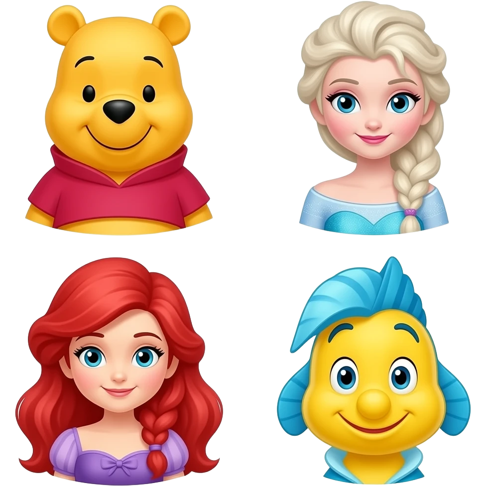 Belle and beast, Winnie the Pooh and tigger, Elsa and Anna, and Ariel And flounder emoji