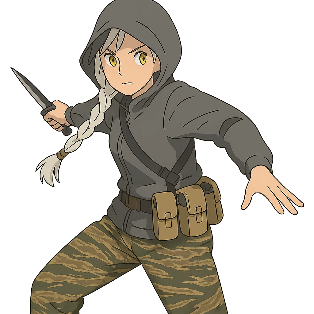 1 female, mid-20's  white hair long braid, gold yellow eyes, gray rainproof hoodie, hood up, single point sling, tan mag pouches on belt rig, tiger stripe camo pants, holding a combat blade, striking, swing emoji