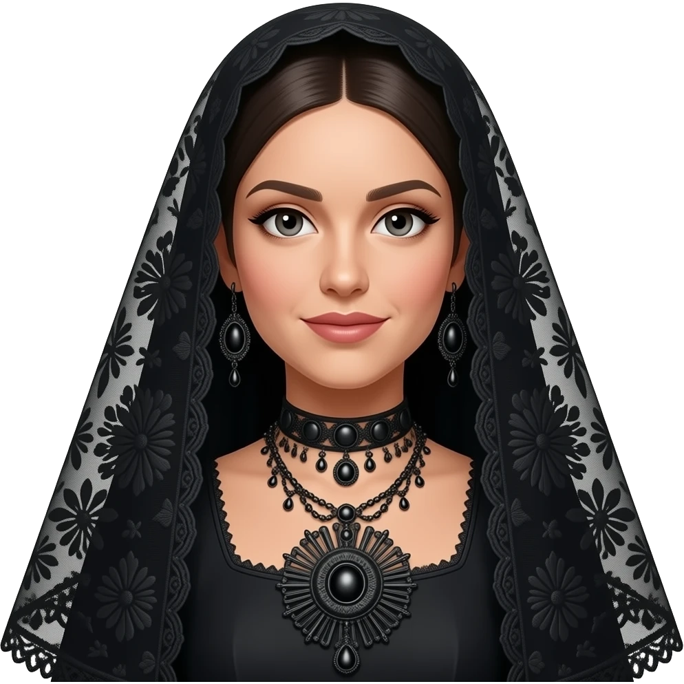 mujer con mantilla de color negro con bordados elaborados y peineta para la mantilla, para participar en procesiones de semana santa en andalucía, traje mantilla y peineta de color negro emoji