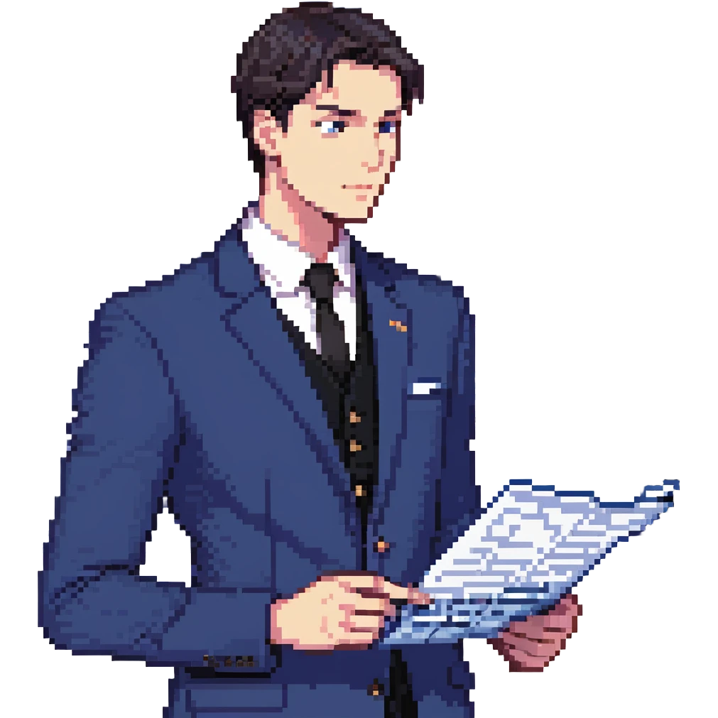 Flat pixel art, focused and confident male strategist, fair skin, short sleek dark hair, intense sharp eyes, wearing a deep indigo suit jacket over a black shirt, holding a blueprint in one hand, other hand thoughtfully touching chin, waist-up, front-facing emoji