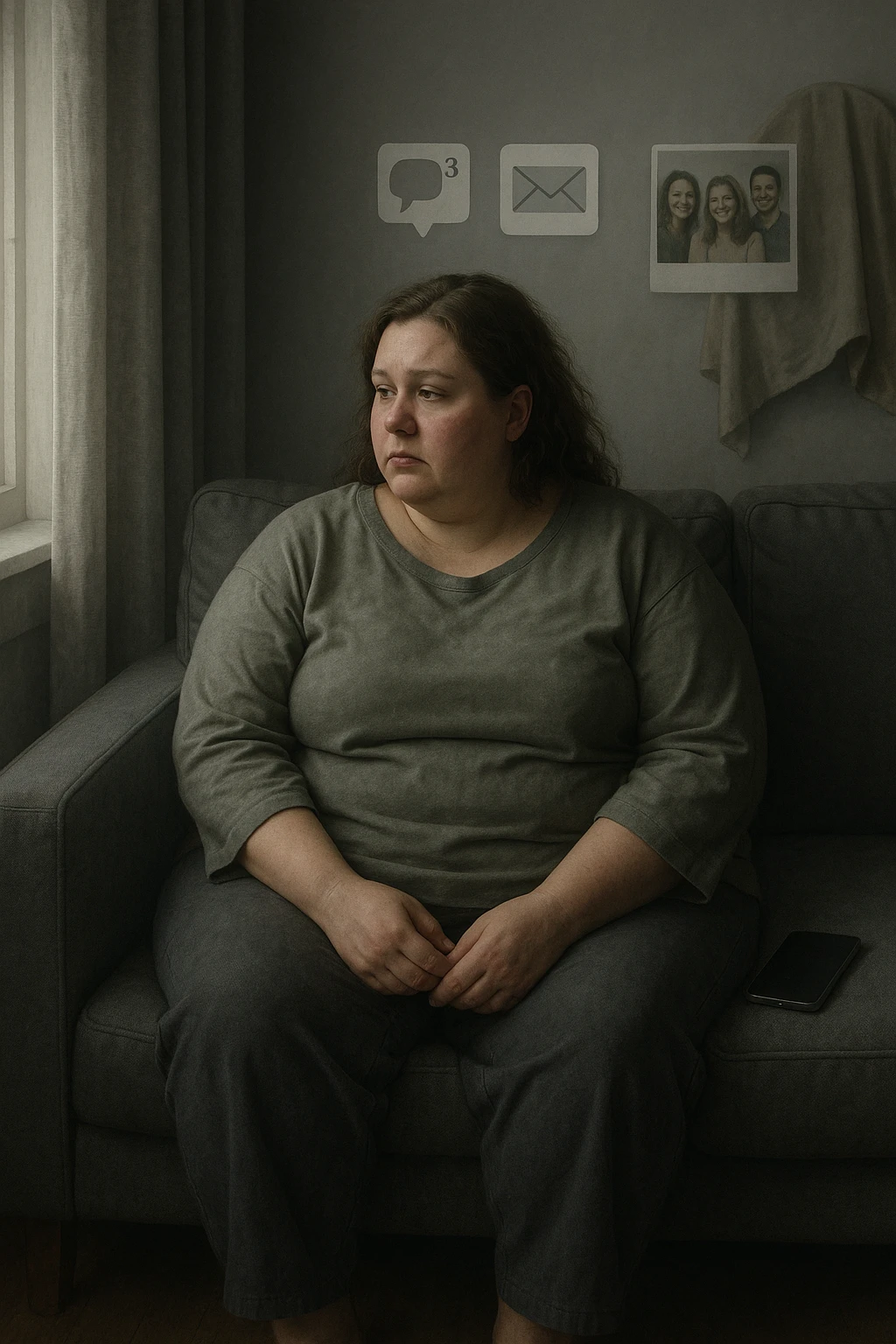 Donna tra i 30 e i 40 anni seduta sola su un divano, con espressione malinconica e corpo visibilmente appesantito. Indossa abiti larghi, avvolgenti, e guarda fuori dalla finestra mentre il telefono è spento o con notifiche ignorate accanto a lei. Sullo sfondo, si notano segnali di vita sociale assente: messaggi non letti, inviti ignorati, foto di gruppo a cui non partecipa. L’atmosfera è silenziosa, con luce grigia e ambiente spento. Intorno a lei, simboli di ritiro e insicurezza: tende chiuse, specchio coperto, postura chiusa. Stile realistico, tono delicato ed emotivo emoji