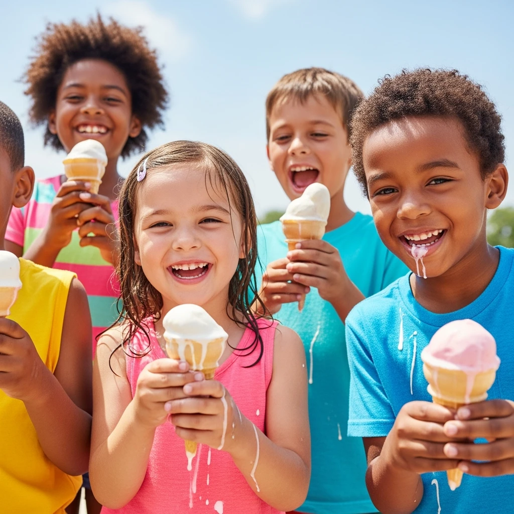 happy children with melting ice cream cones emoji