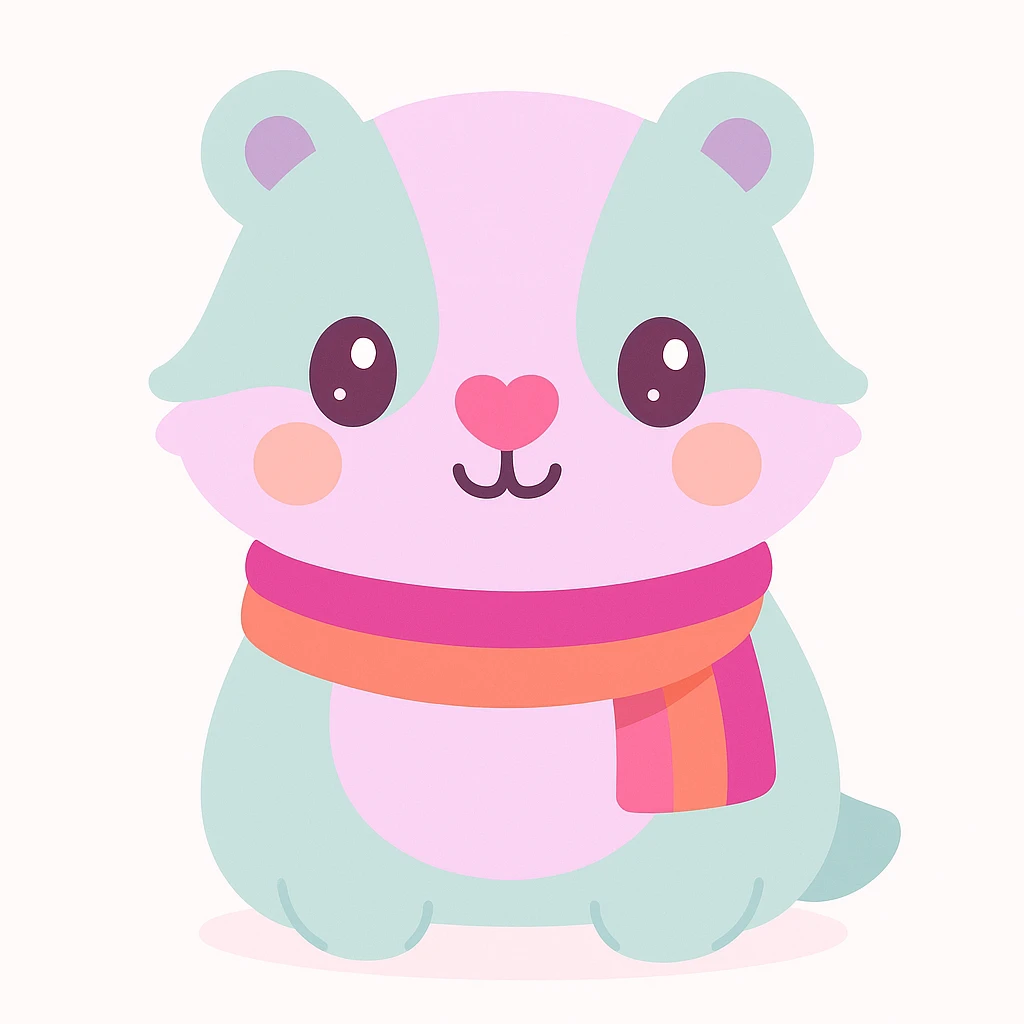 kawaii badger with a heart-shaped nose and lesbian pride scarf, smiling, minimal background emoji