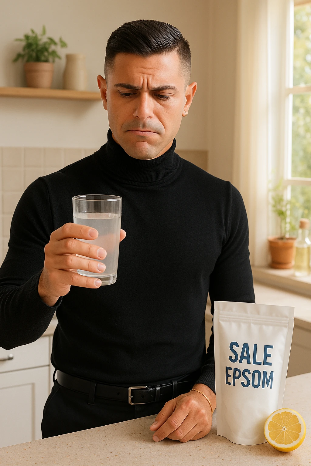 A realistic, bright photo-style image of a young man in his 30s standing in his kitchen, holding a clear glass filled with water in which Epsom salt (magnesium sulfate) has been dissolved. He looks focused but slightly uncertain as he prepares to drink it for a liver flush or digestive cleanse. The glass shows slight cloudiness from the dissolved salt. On the counter are a packet labeled 'Sale di Epsom' and a sliced lemon, suggesting he might use it to mask the taste. The setting is clean, natural, and bright with neutral tones. The background shows sunlight streaming through a window, emphasizing a clean, minimalist health-focused environment. The mood conveys a realistic, calm moment of self-care with a hint of discomfort, illustrating a natural detox practice in italiano emoji