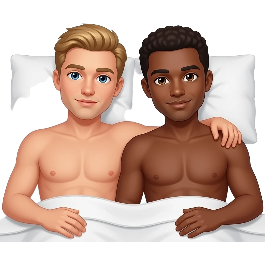 Make a gay couple on a Date , one has light Skin with Blond Hair and Blue Eyes, the other one has slightly brown skin witz dark Brown Hair and Brown Eyes. They are laying together in a Bed shirtless. emoji