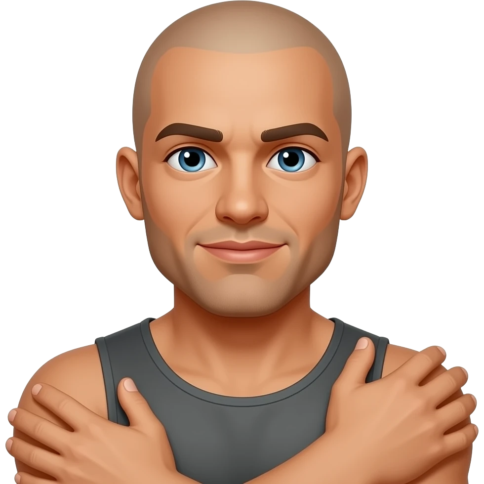 Mail hug in in this picture. The male is tan skinned bald head.My own eyes muscular built emoji