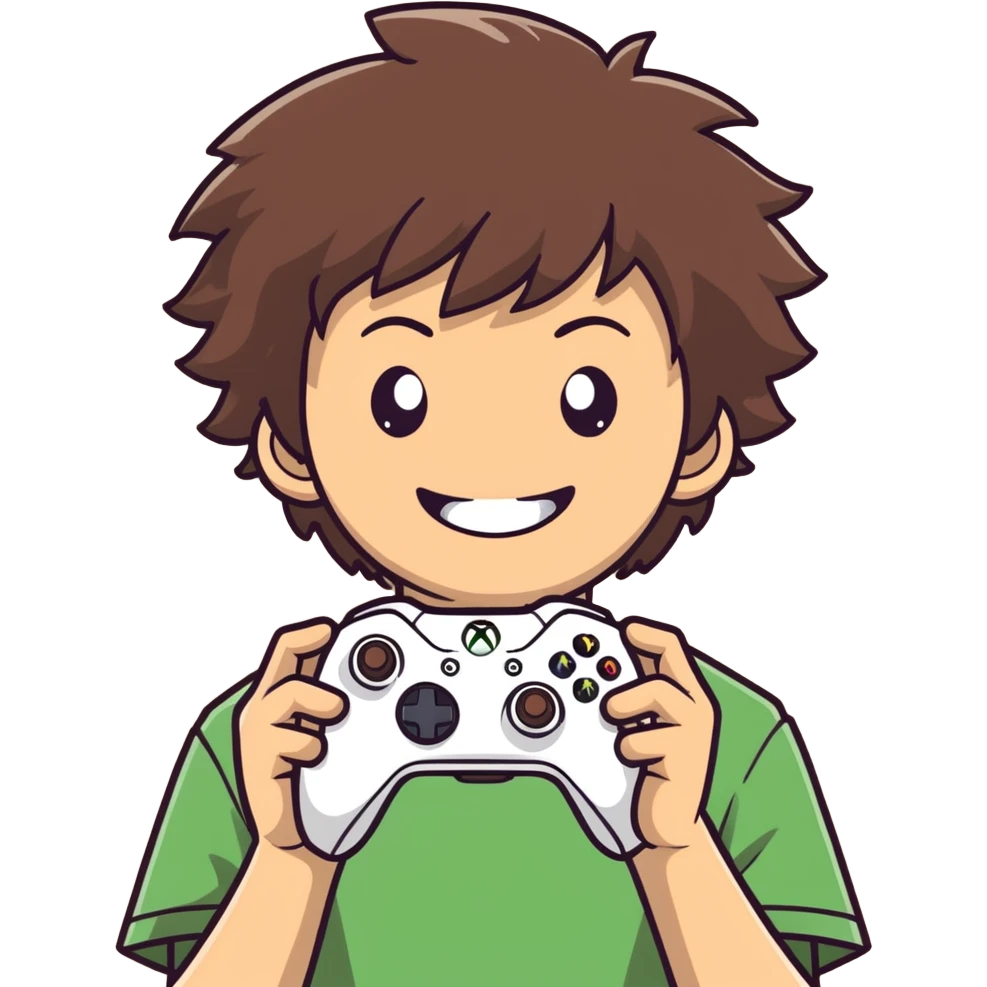 asian 15 year old boy with brown fluffy hair holding an xbox controller with a giant grin on his face emoji