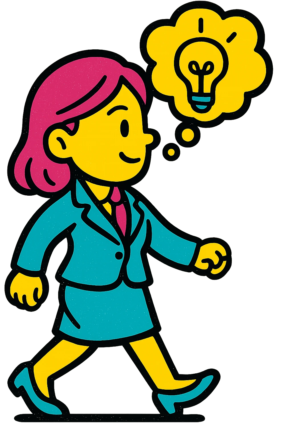Make the businesswoman with pink hair walk to the right, keeping the idea bubble above her head, in the same pop colors style, with no background. emoji