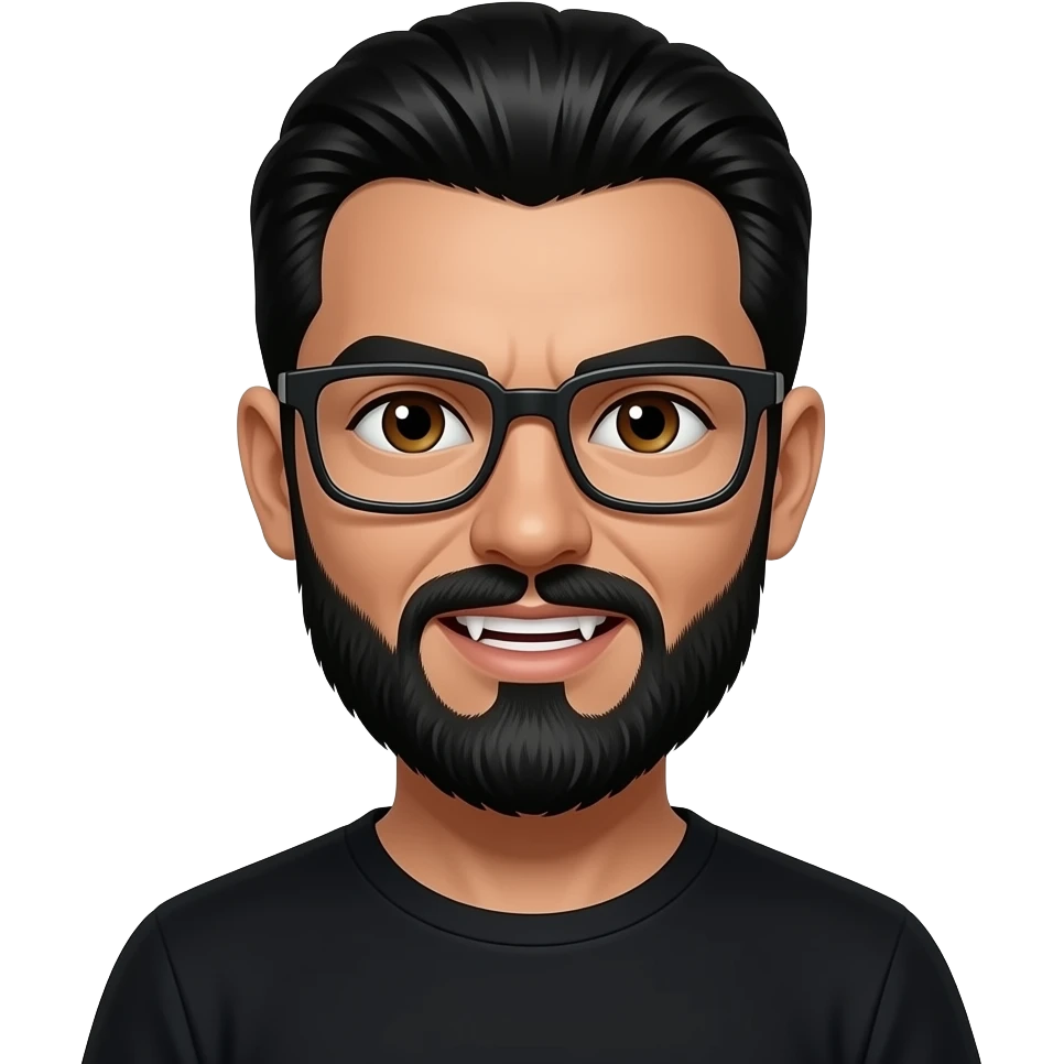 black slick back hair, tan skin, black beard, with square glasses, brown eyes, black tee shirt,  dracula teeth emoji