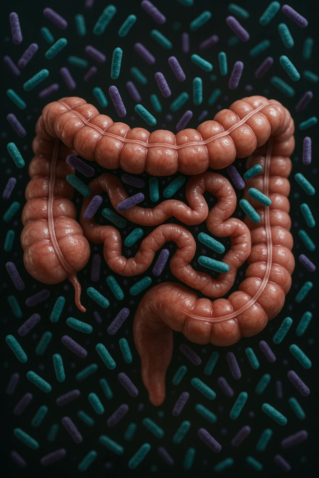 intestino umano anatomico realistico pieno di batteri intestinali viola e turchesi che gli fluttuano intorno, IPERREALISTICA 4K emoji