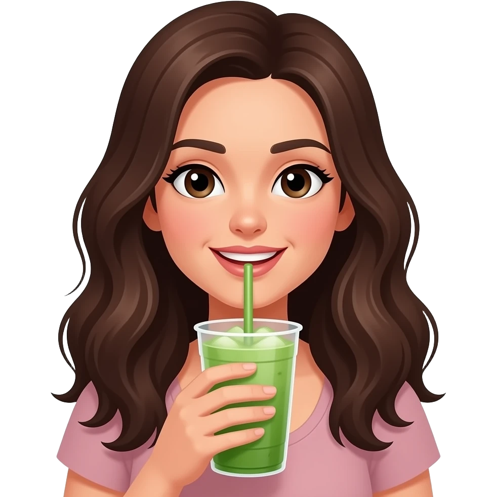 Iced matcha  brunette woman drinking iced matcha emoji