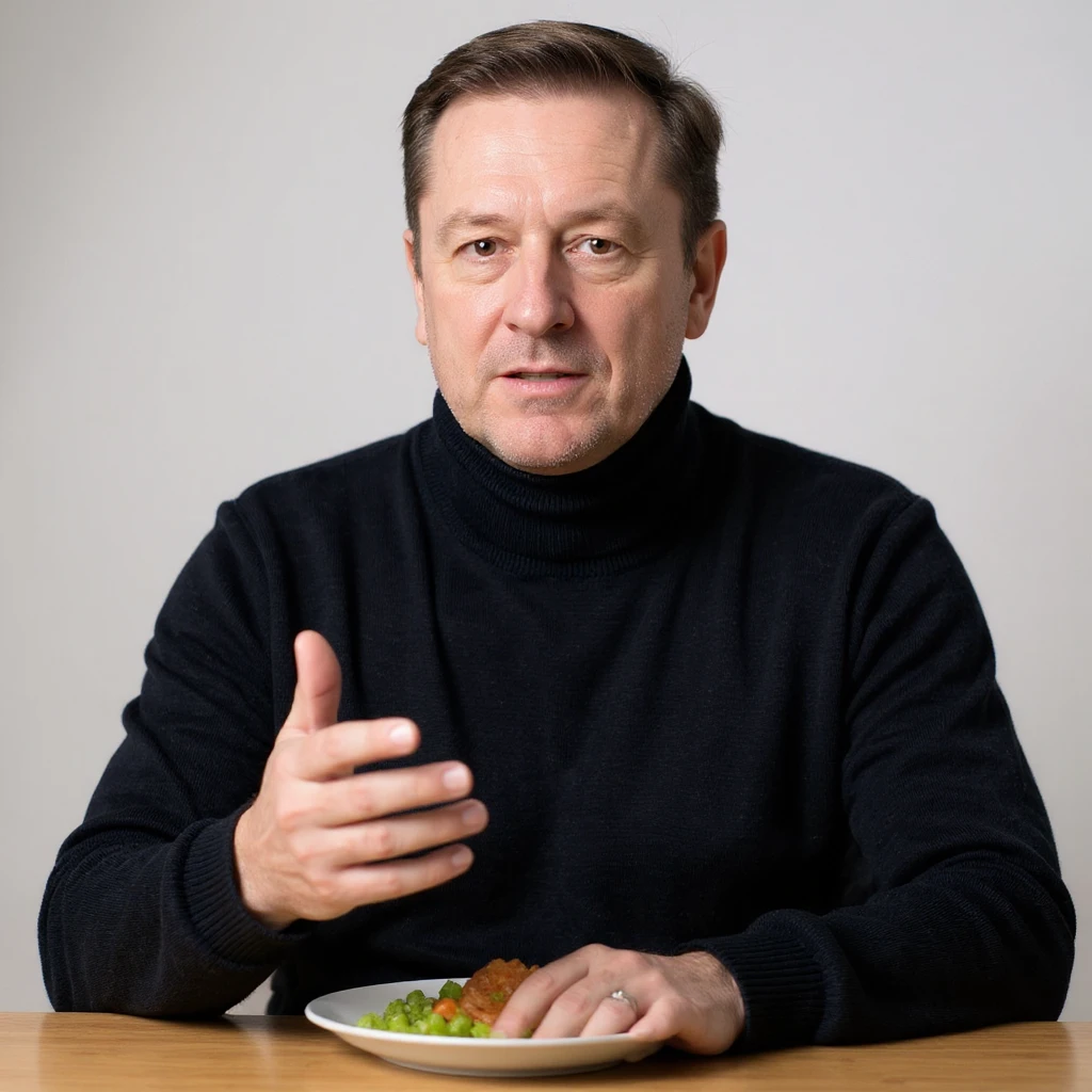 Vertical 2:3 photograph inspired by the reference image, featuring an elegant man in a black sweater, fasting theme. The man is politely refusing a plate of food with a gentle hand gesture, in a bright environment. Realistic style, clearly conveying the concept of fasting. emoji