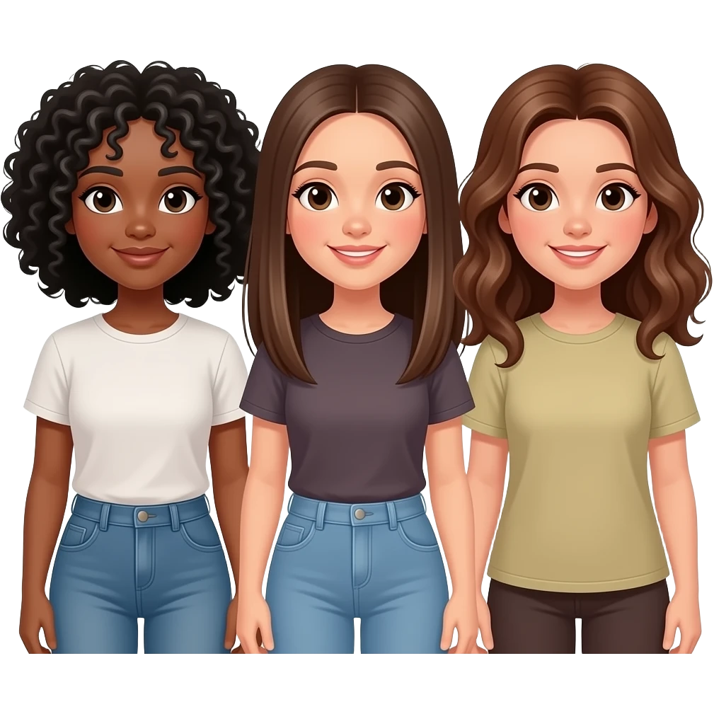 Chava con sus amigas una pelo negro rizado otra lacio castaño y otra ondulado castaño emoji