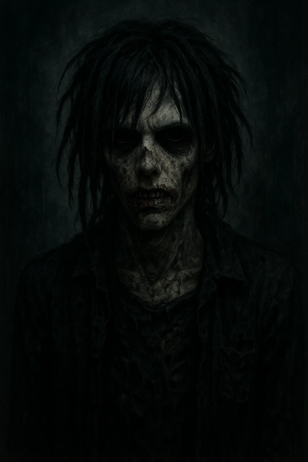 emo zombie boy with black shaggy dreads, medium long, dark and spooky, creepy expression emoji
