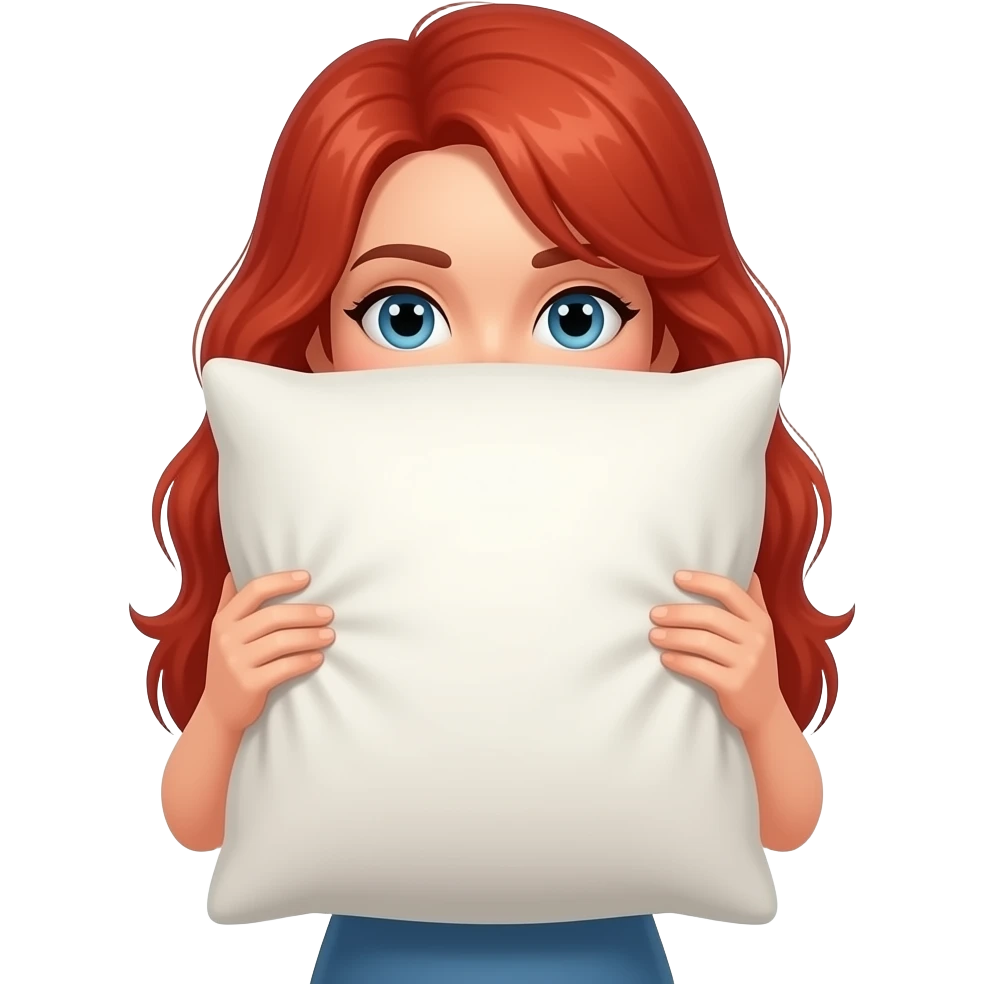 Red haired woman holding a pillow over her face emoji