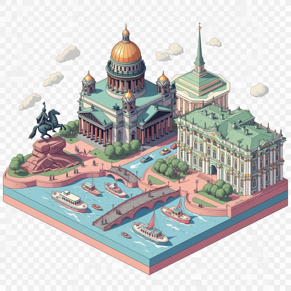 Isometric illustration of Saint Petersburg with the Saint Isaac’s Cathedral, the photorealistic Winter Palace, and the Bronze Horseman statue, toy boats and bridges, in pastel miniature diorama style, transparent background emoji
