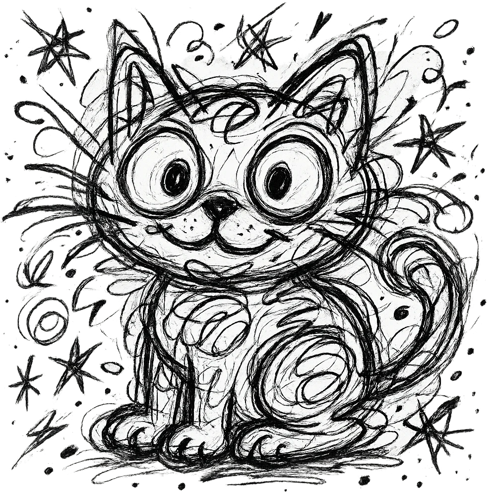 A cute cat in a chaotic doodle style emoji