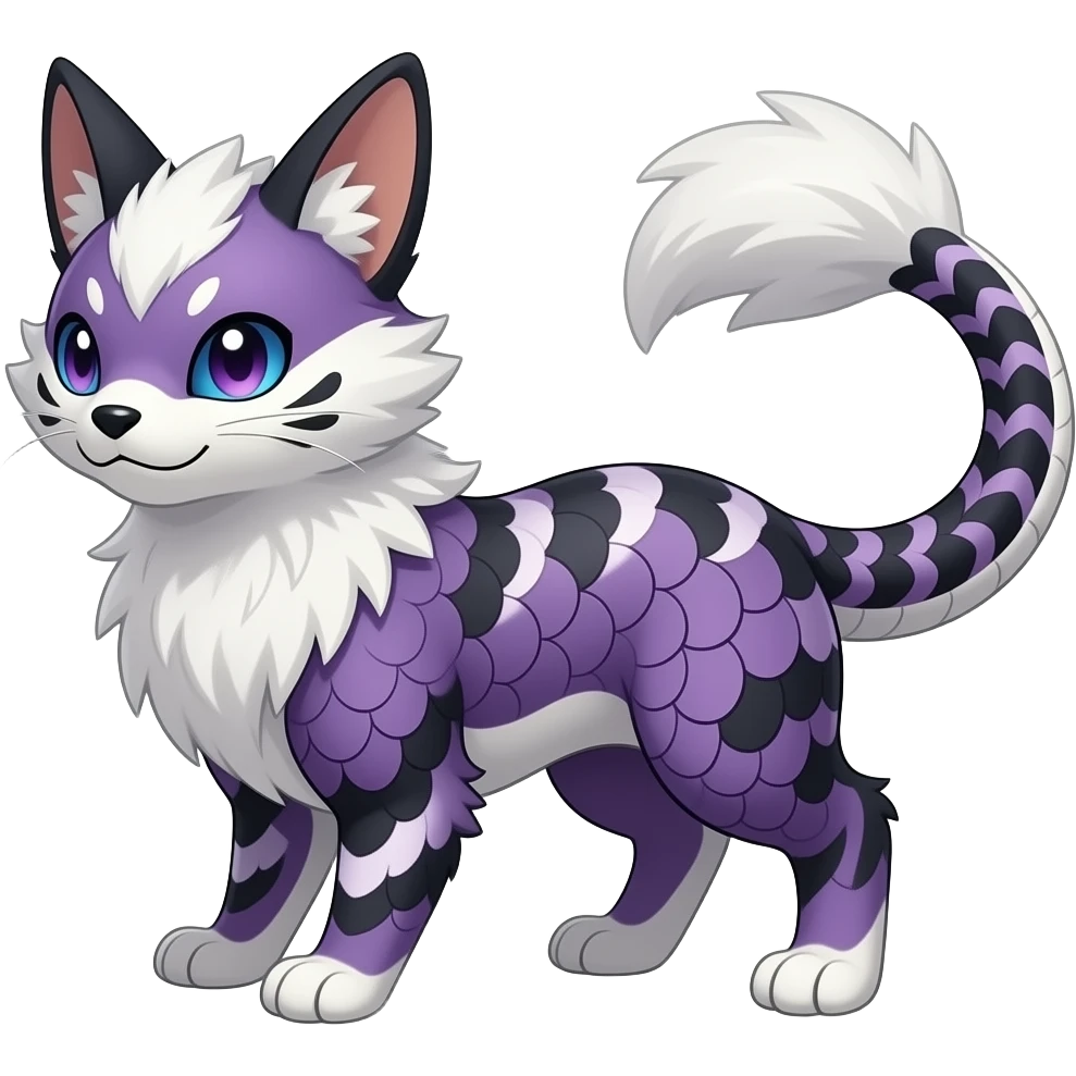 Furry, fluffy tropical flecked painted feathery scaly, Purple, white, black, Minccino-Lykoi-Linoone-Zangoose-fusion-hybrid-animal-Fakémon-creature, full body, thin long sleek scaly tail, intricate markings emoji