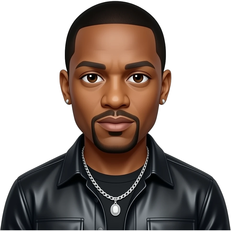 Dr Dre with dark brown eyes, black hair, black metallic shirt, silver necklace and short earrings emoji