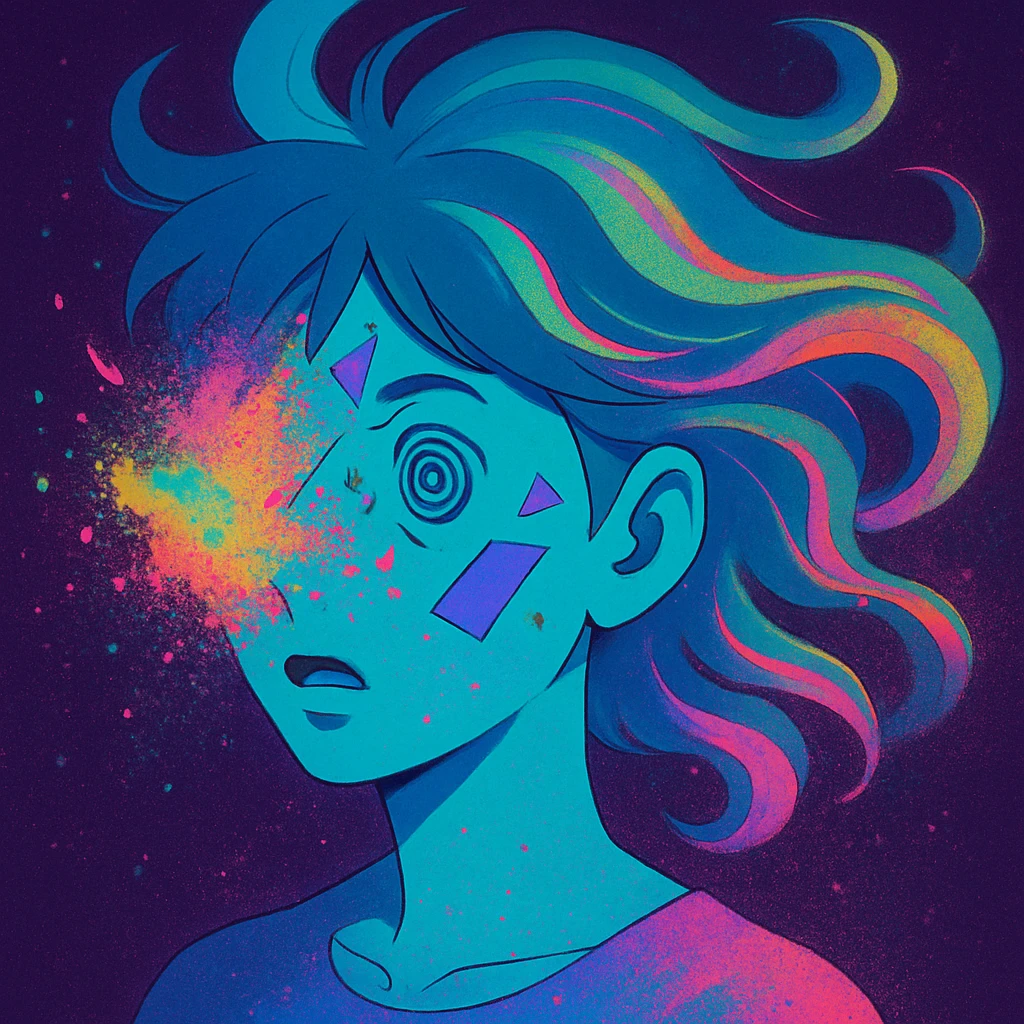 surreal portrait, neon skin, dissolving face with airbrush color explosion, hair as liquid color swirls like aurora, spiral eyes, geometric shapes breaking through face, paint spray effect, acid purple, turquoise, electric pink, smooth blending, dynamic movement emoji