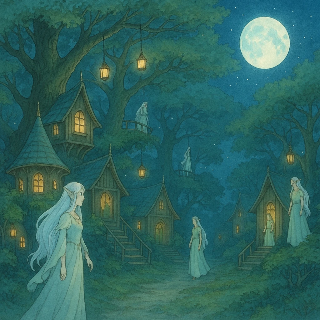 moonlit elven village nestled in ancient trees, Ghibli-inspired fantasy style emoji