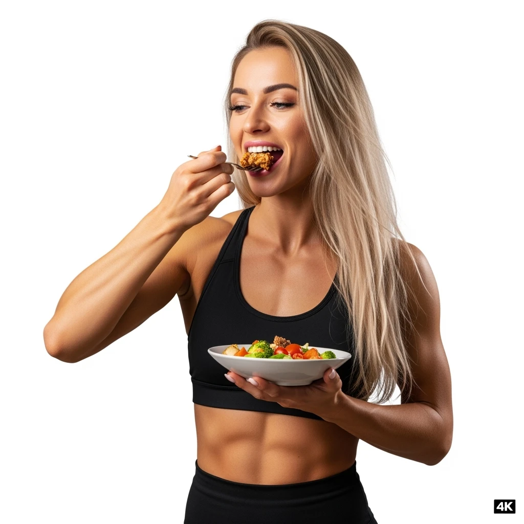 DONNA FITNESS CHE MASTICA CIBO, IPERREALISTICA 4K, SENZA SFONDO emoji