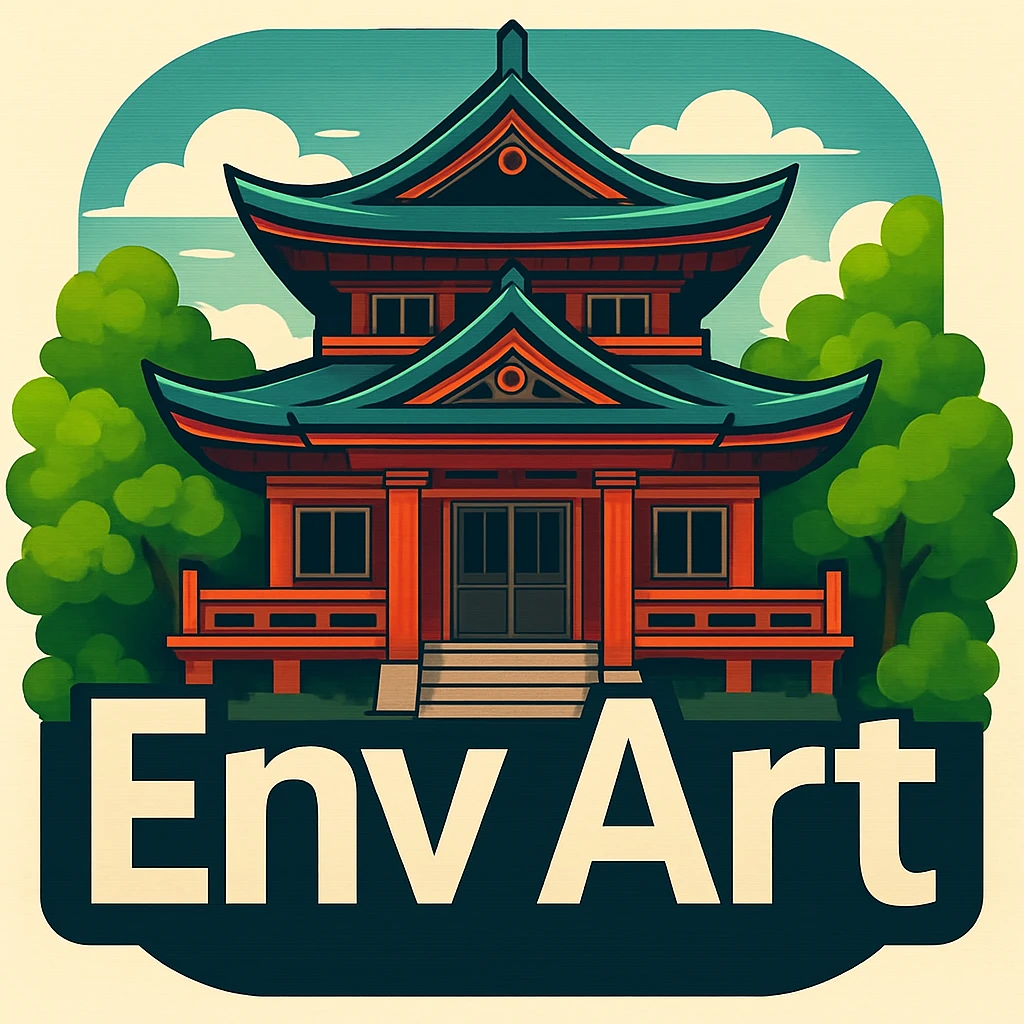 Place the words 'Env Art' in the center of the image with a detailed Shinto shrine behind the text. Create a harmonious composition with vibrant colors in a logo style. Maintain the original image's essence while adding the text prominently in the center. emoji