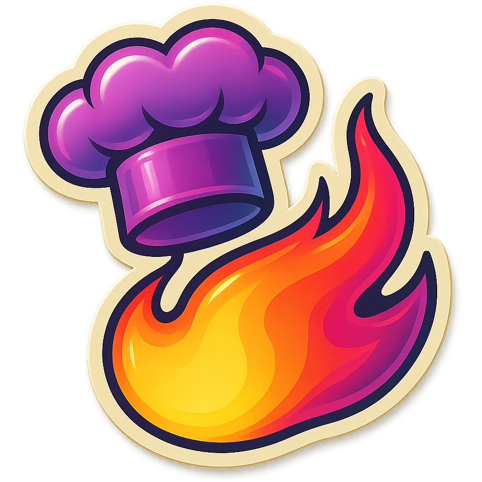 chef's hat with a trail of fire emoji, playful, synthwave colors, vibrant, matching style reference file
 emoji