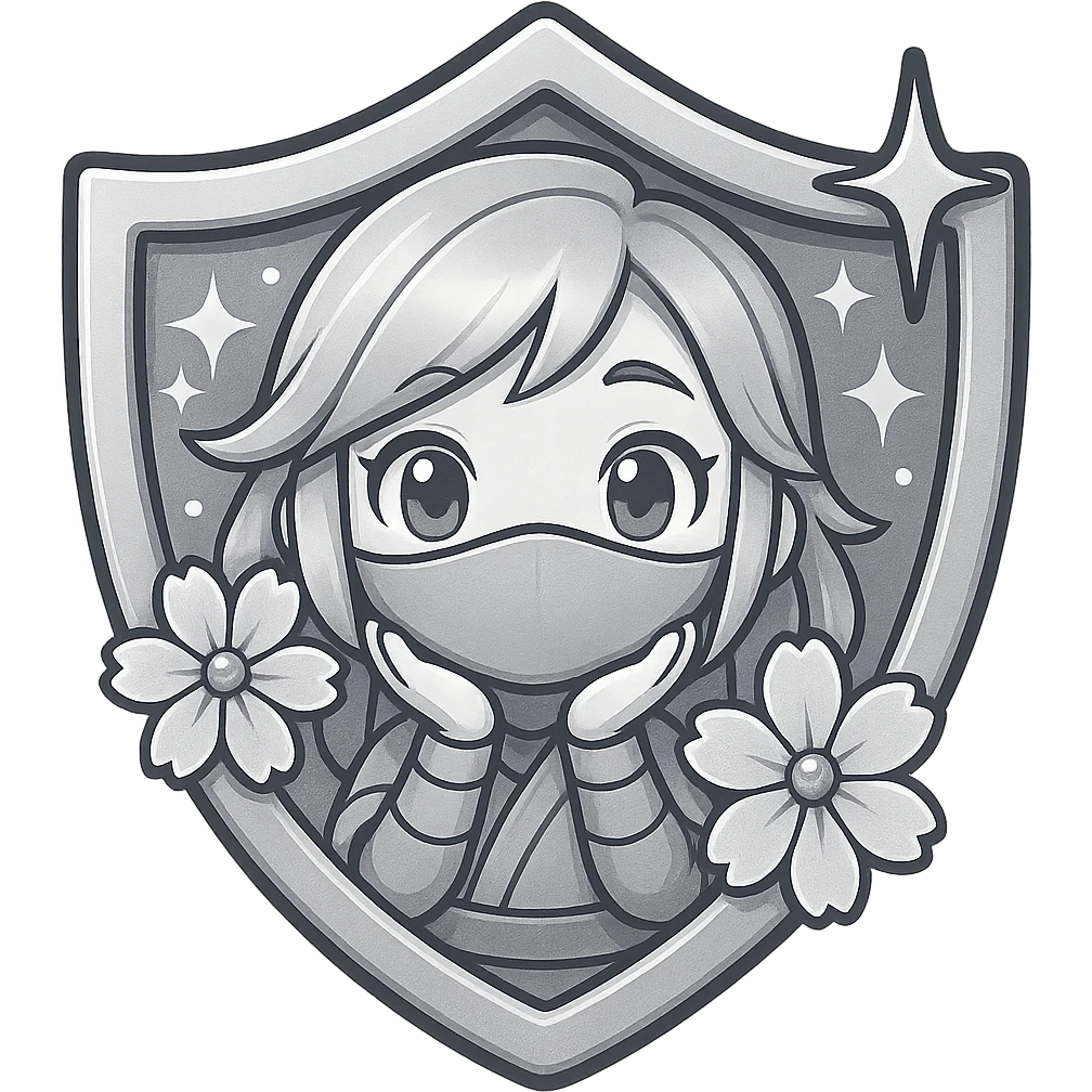 Change the badge color to silver for the Silver rank, keeping the same design of a chibi ninja girl with sakura flowers and sparkly effects, maintaining the badge shape. The image should have a transparent background and be sized for Twitch or Discord use. emoji