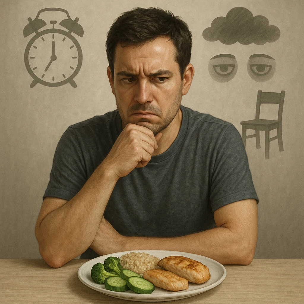 30-year-old thoughtful man sitting at a table in front of a healthy plate with vegetables, brown rice, and chicken, with a suspicious and worried expression towards the food. Behind him, transparent and blurred symbols: an alarm clock (stress), dark clouds (repressed emotions), dark circles under eyes (insomnia), and an empty chair (sedentary lifestyle). Neutral atmosphere, realistic style with a symbolic touch. emoji