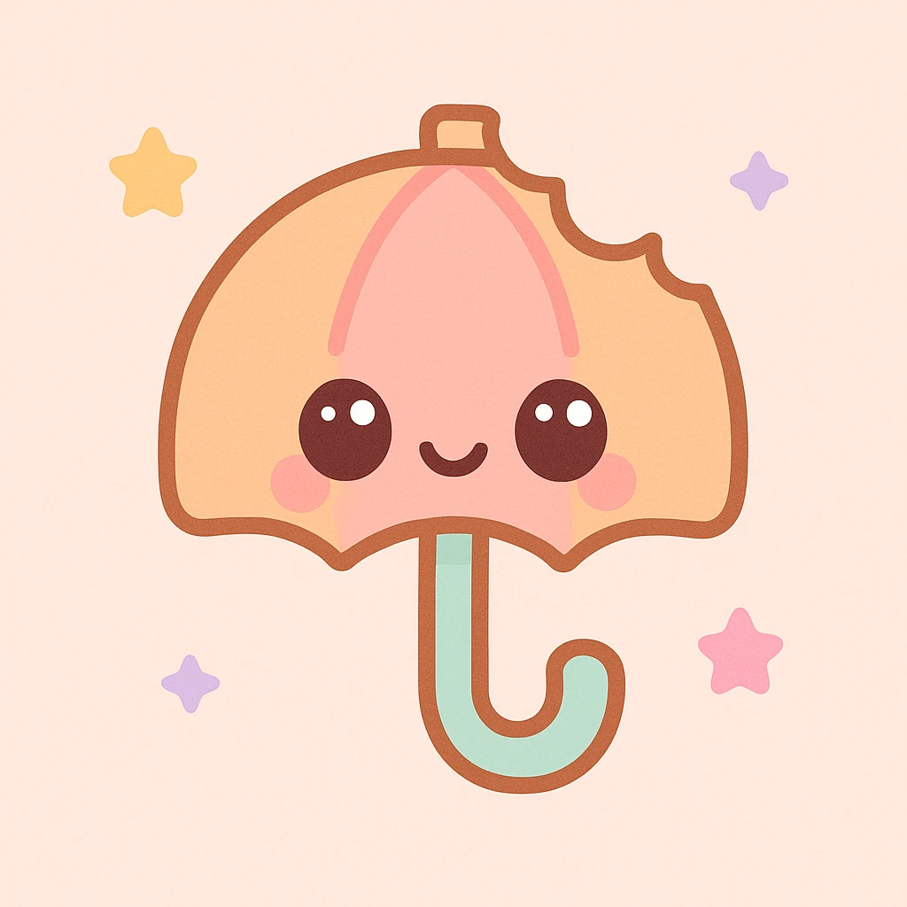 dalgona candy with umbrella shape, bitten candy, inspired by Squid Game, kawaii style emoji