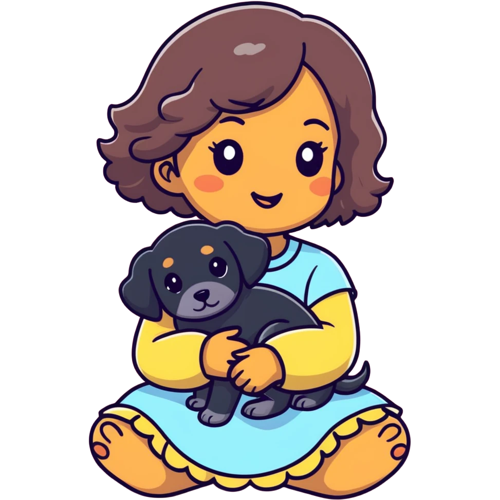 Chica cabello ondulado, media morena, con un cachorro negro  emoji