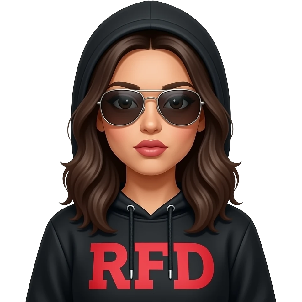 Latin Woman in Black hoodie that says “RFD” in red large font, wearing aviator sunglasses, hood up, pouting emoji