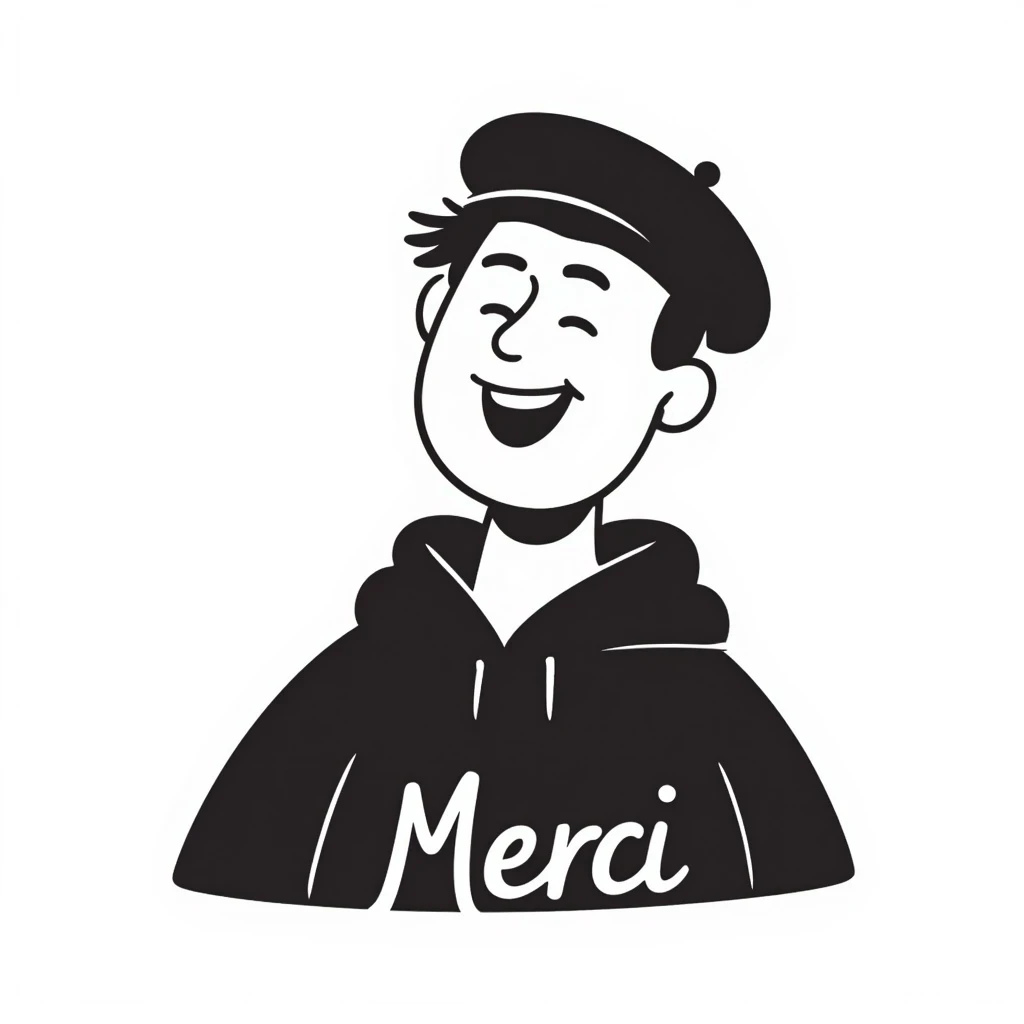 laughing man with black beret, sympathetic style, the word 'Merci' in handwritten font, text integrated, hand-drawn notion style emoji