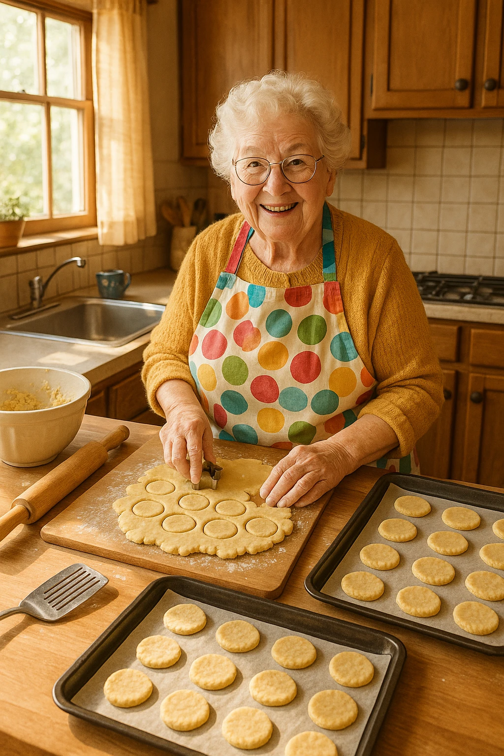 grandma baking cookies, wearing apron, kitchen background emoji