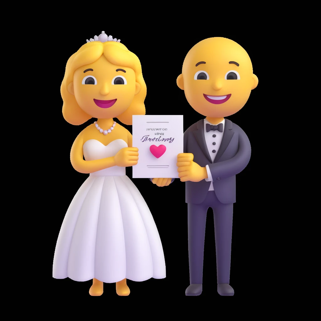 apple-style 3D emoji character holding a wedding invitation with both hands, cute and minimal, soft shadows, white background, high-resolution, emoji face smiling gently, pastel color palette emoji