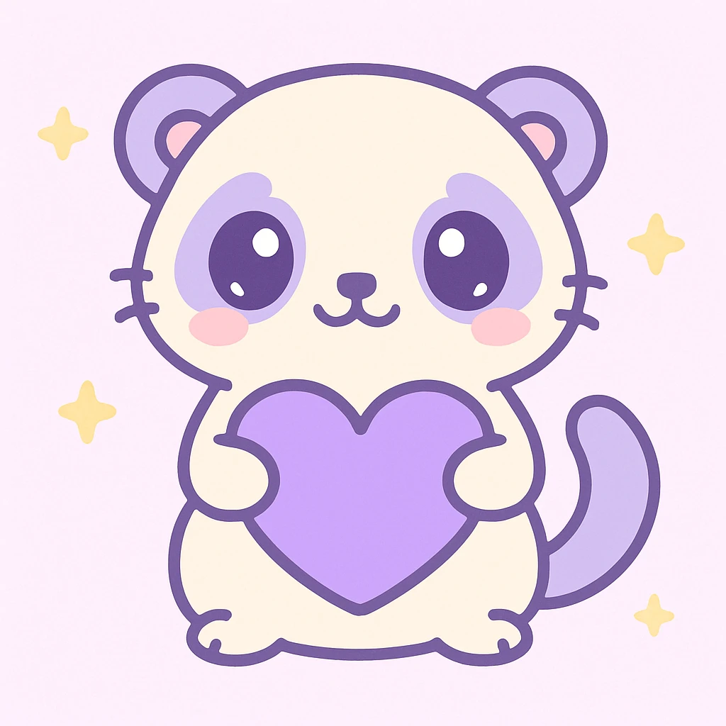 coquette ferret with a purple heart, kawaii style, sparkly eyes, bashful expression emoji