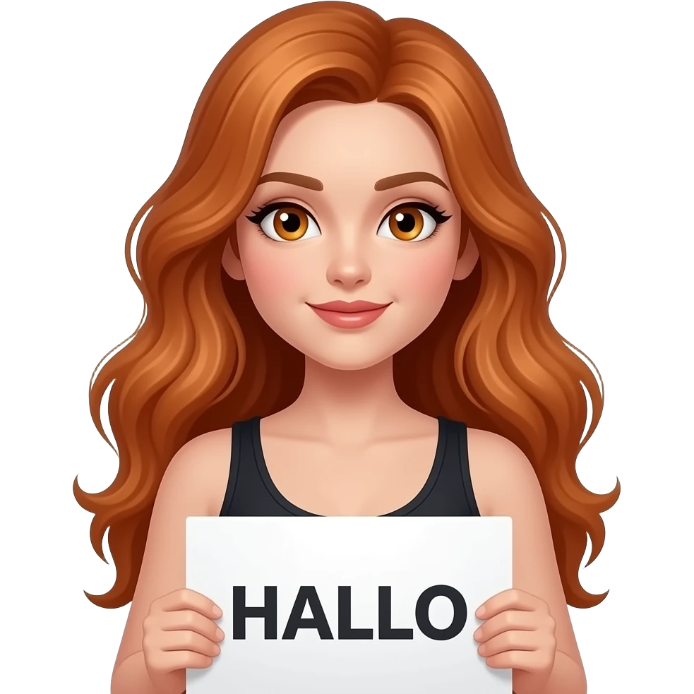 sexy girl with long wavy ginger hair and ginger eyes wearing a black tanktop is holding a white colored sign with HALLO written on it emoji