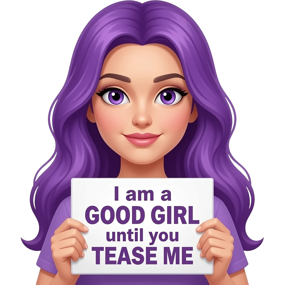 sexy girl with long purple hair and purple eyes holding a I am a GOOD GIRL until you TEASE ME sign emoji