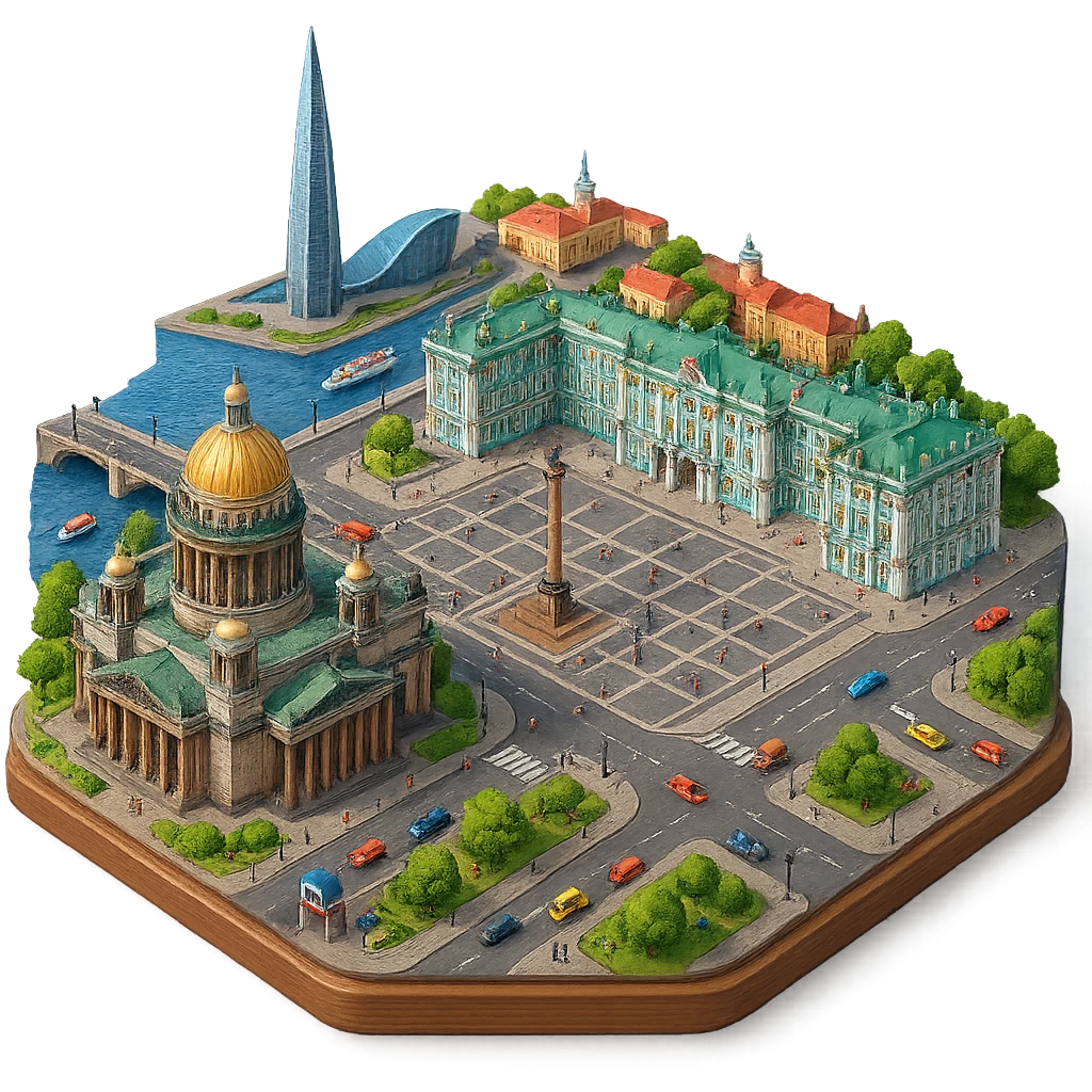 Изометричная миниатюрная фотореалистичная 3D модель Санкт-Петербурга на подставке - Исаакиевский собор, Дворцовая площадь, Зимний дворец и другая центральная часть города, Лахта-центр, четкая детализация, яркие цвета, мультяшный реализм, люди, автотранспорт и метро, компактная композиция, вид сверху в изометрии, прозрачный фон emoji