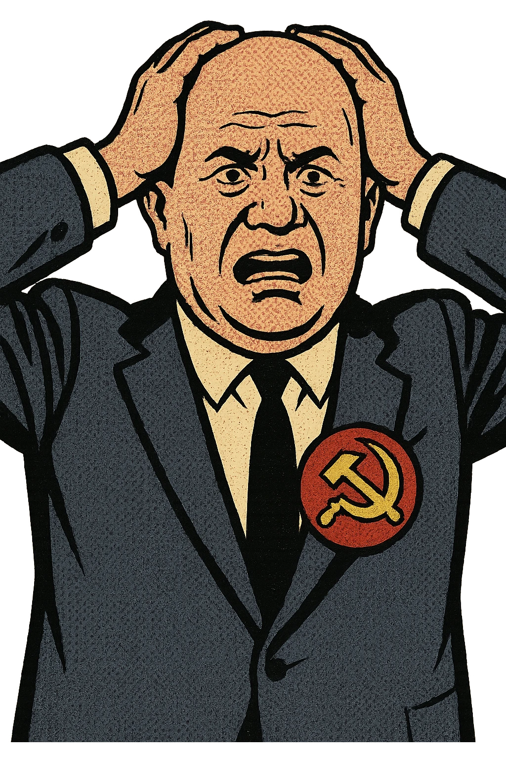 Soviet leader Khrushchev facing forward. He is wearing a suit with a large communist badge on his chest with his hands on his head looking worried. emoji